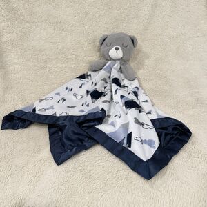 Just Born Blue Grey Teddy Bear Large Oversized Blanket Lovey Mountains Satin